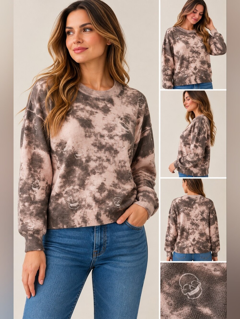 27 Miles Malibu Aylin Skull Print Pullover Sweater Rose Tie Dye NWT Small